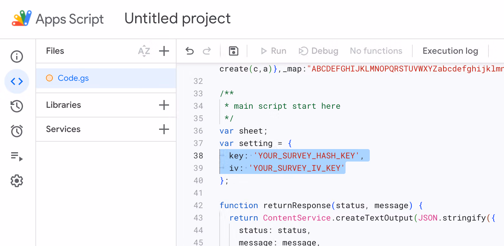 Apps Script 程式碼第 38、39 行反白,顯示待替換的 YOUR_SURVEY_HASH_KEY 與 YOUR_SURVEY_IV_KEY