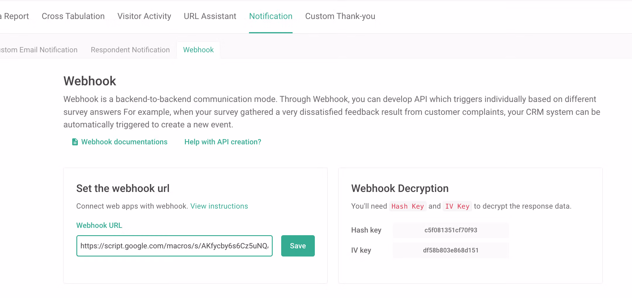 SurveyCake 的 Webhook 設定頁已填入 script.google.com 開頭的網址,右側列出 Hash key 與 IV key