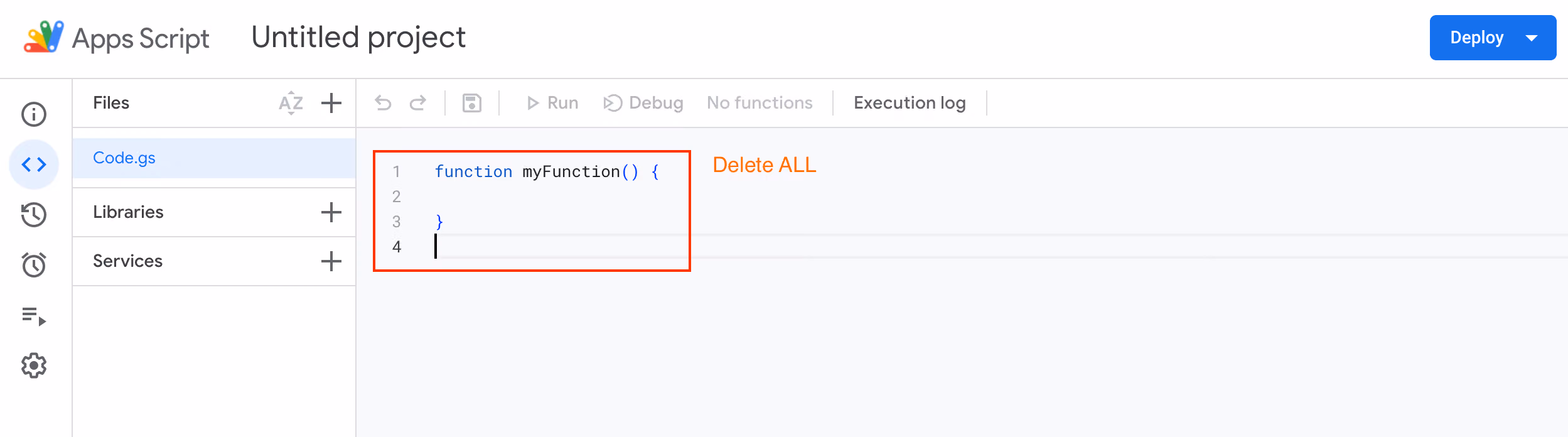 Apps Script 編輯器裡預設的 myFunction 程式碼被紅框圈起,旁邊註明 Delete ALL