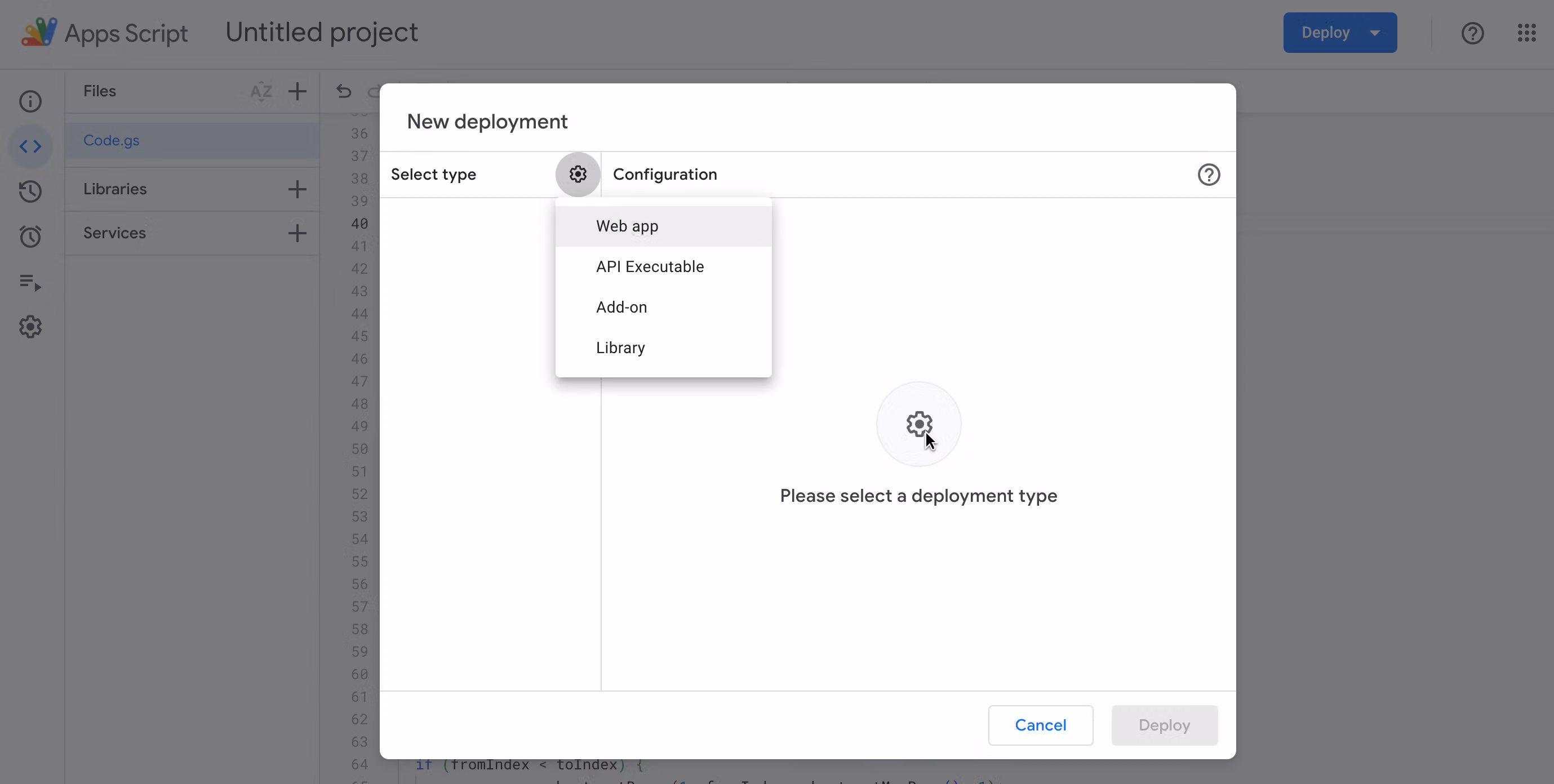 New deployment 視窗點開齒輪的類型選單,出現 Web app、API Executable、Add-on、Library 四個選項
