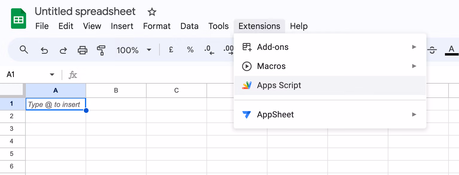空白 Google 試算表展開 Extensions 選單,游標停在其中的 Apps Script 項目上