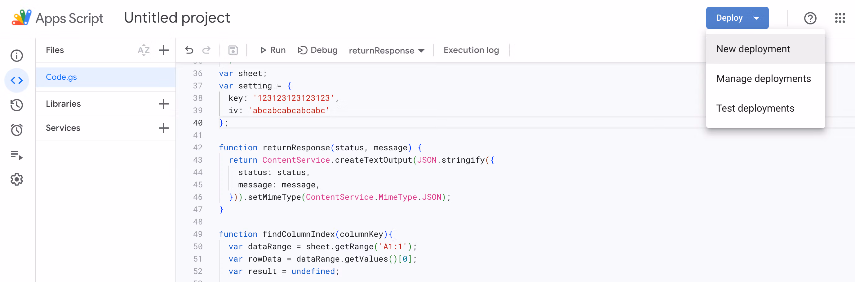 Apps Script 右上角展開 Deploy 選單,列出 New deployment、Manage deployments 與 Test deployments