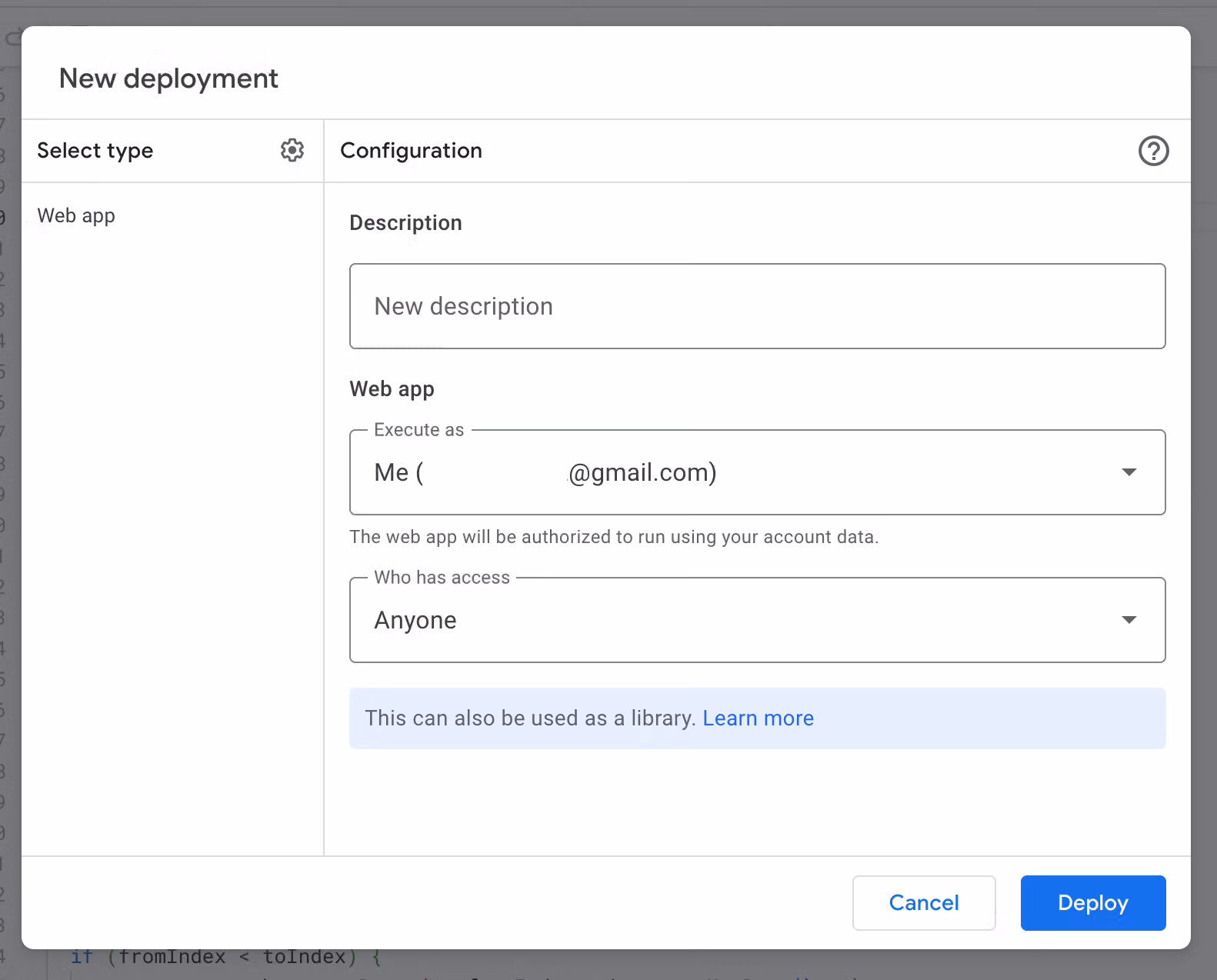 部署設定頁的 Execute as 設為自己的帳戶、Who has access 設為 Anyone,右下角是 Deploy 按鈕