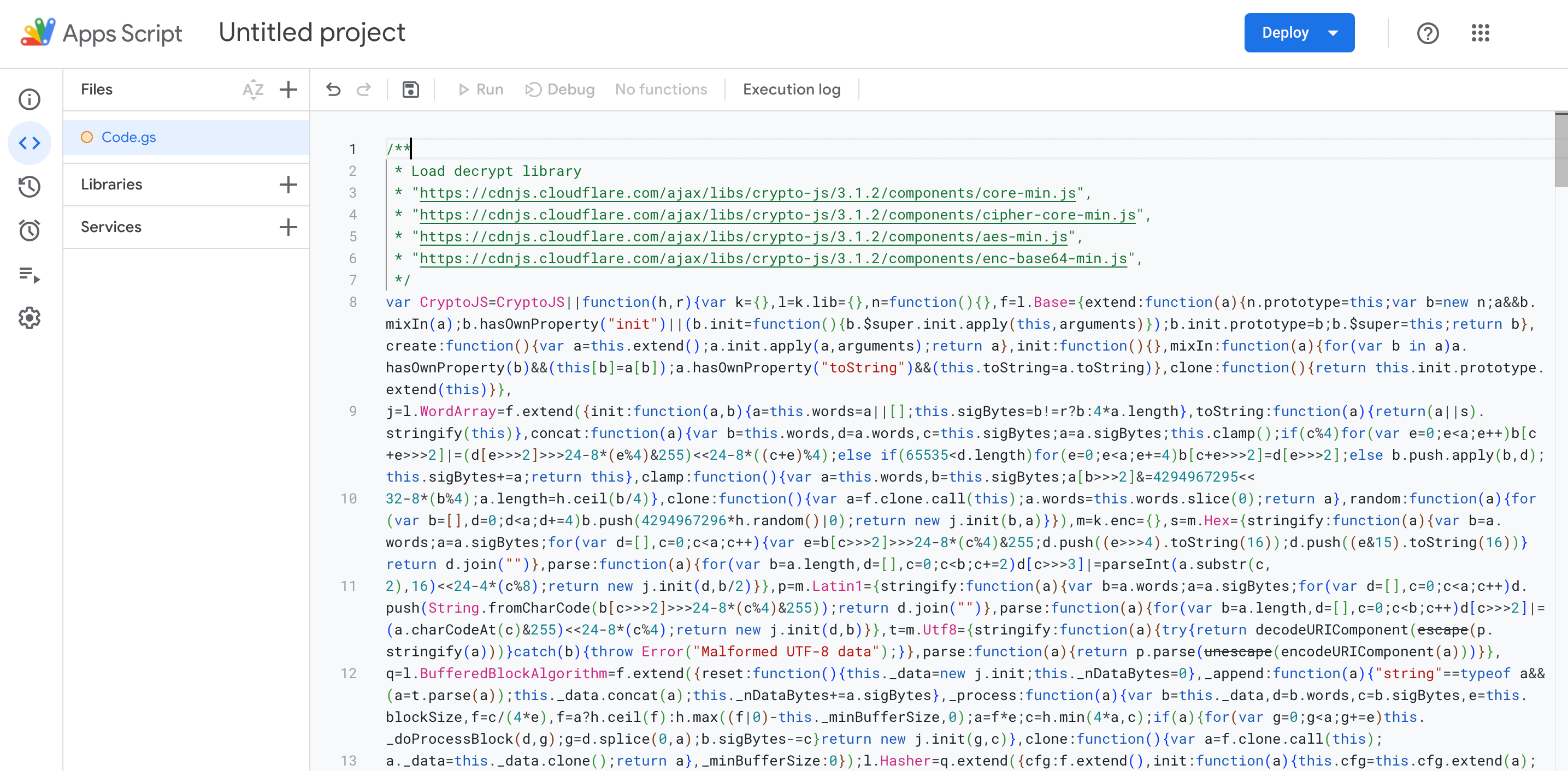 Apps Script 編輯器貼上大段解密程式碼後的畫面,開頭是載入函式庫的註解區塊