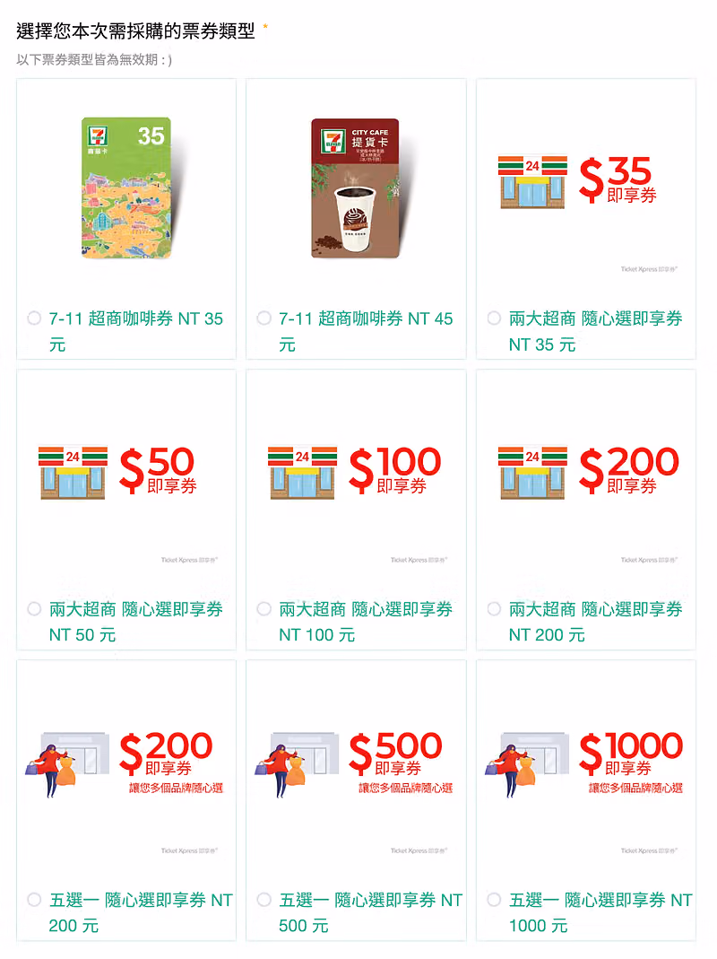 E-Tickets 採購問卷中的票券類型與面額選擇題目