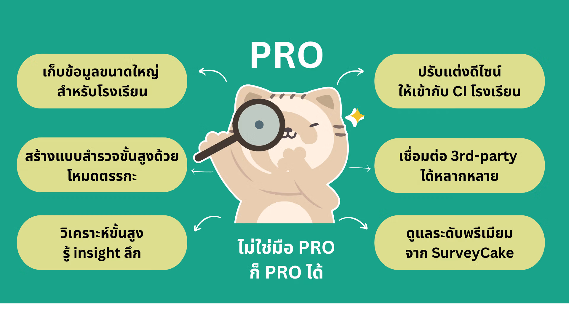 PRO 方案泰文說明圖,同一隻貓咪周圍有六個綠色氣泡列出進階功能