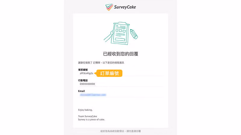 回覆通知信預覽顯示「已經收到您的回覆」,填答編號被橘色標註標示為訂單編號
