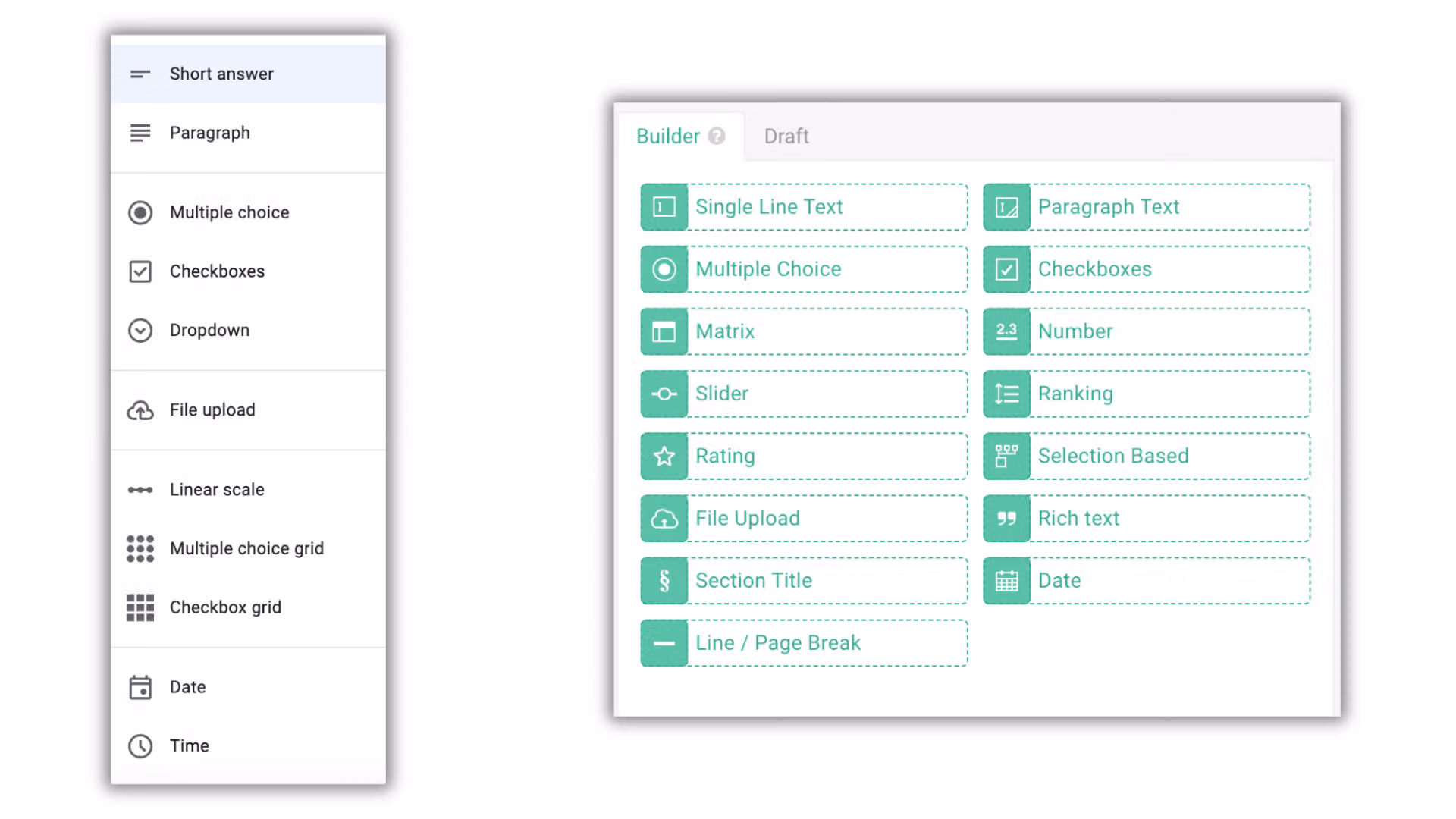 題型比較:左為 Google Forms 題型下拉選單,右為 SurveyCake Builder 的 15 種綠色題型