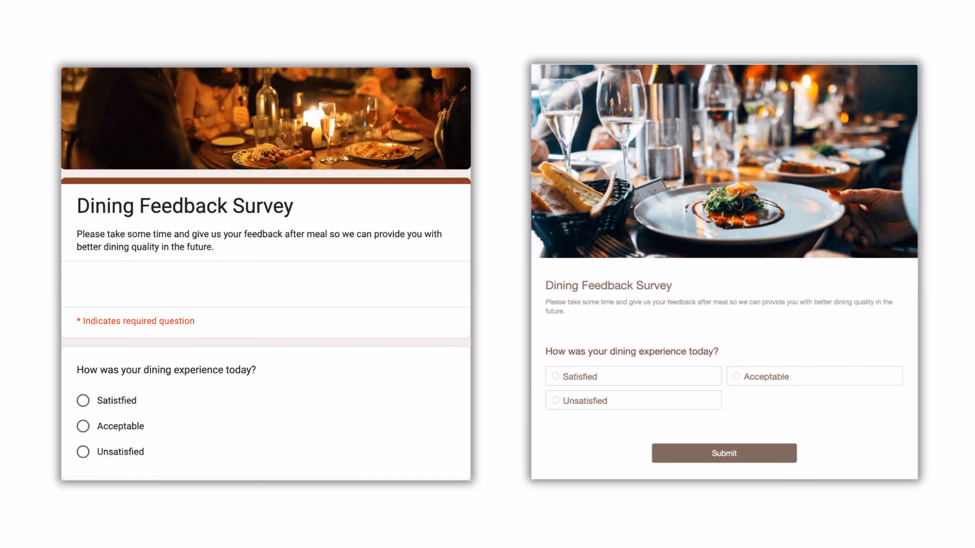Dining Feedback Survey 外觀比較:左為窄橫幅直排選項,右為大張餐點照與橫排選項