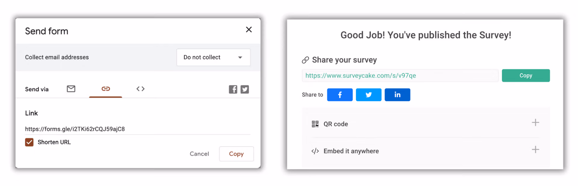 發布比較:左為 Google Forms 的 Send form 視窗,右為附 QR code 與嵌入碼的分享頁
