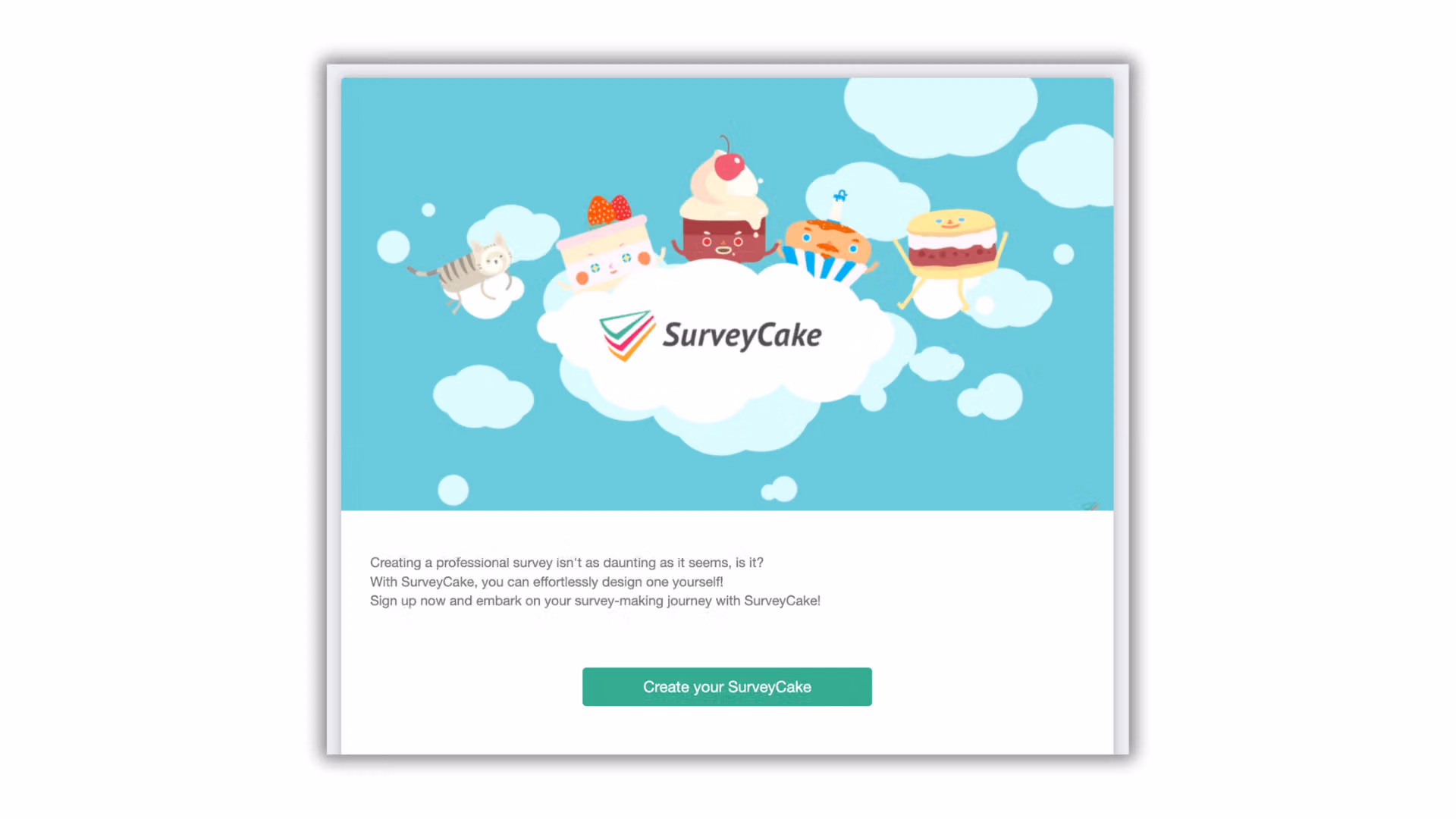 問卷歡迎頁上方是 SurveyCake 蛋糕插畫 Banner,下方為說明文字與綠色註冊按鈕