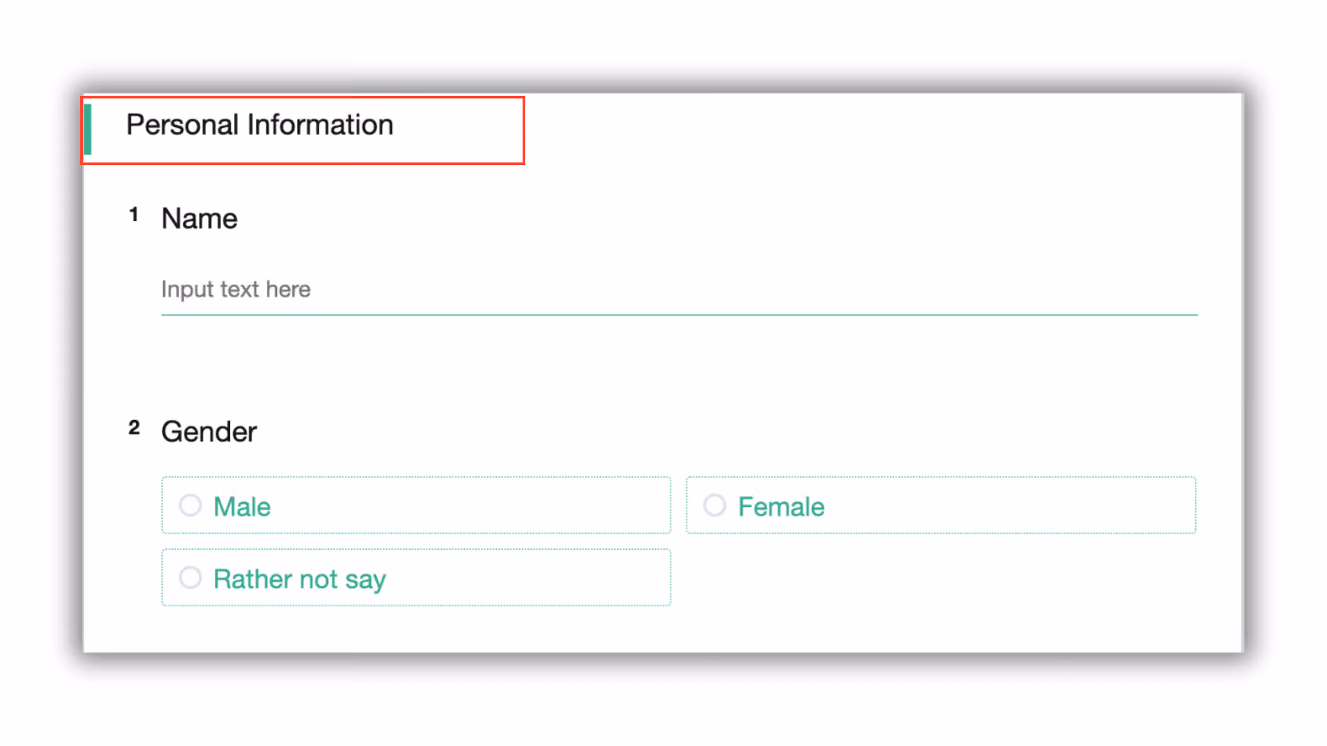 紅框標示 Personal Information 分類標題,下方為姓名欄與性別三選項題