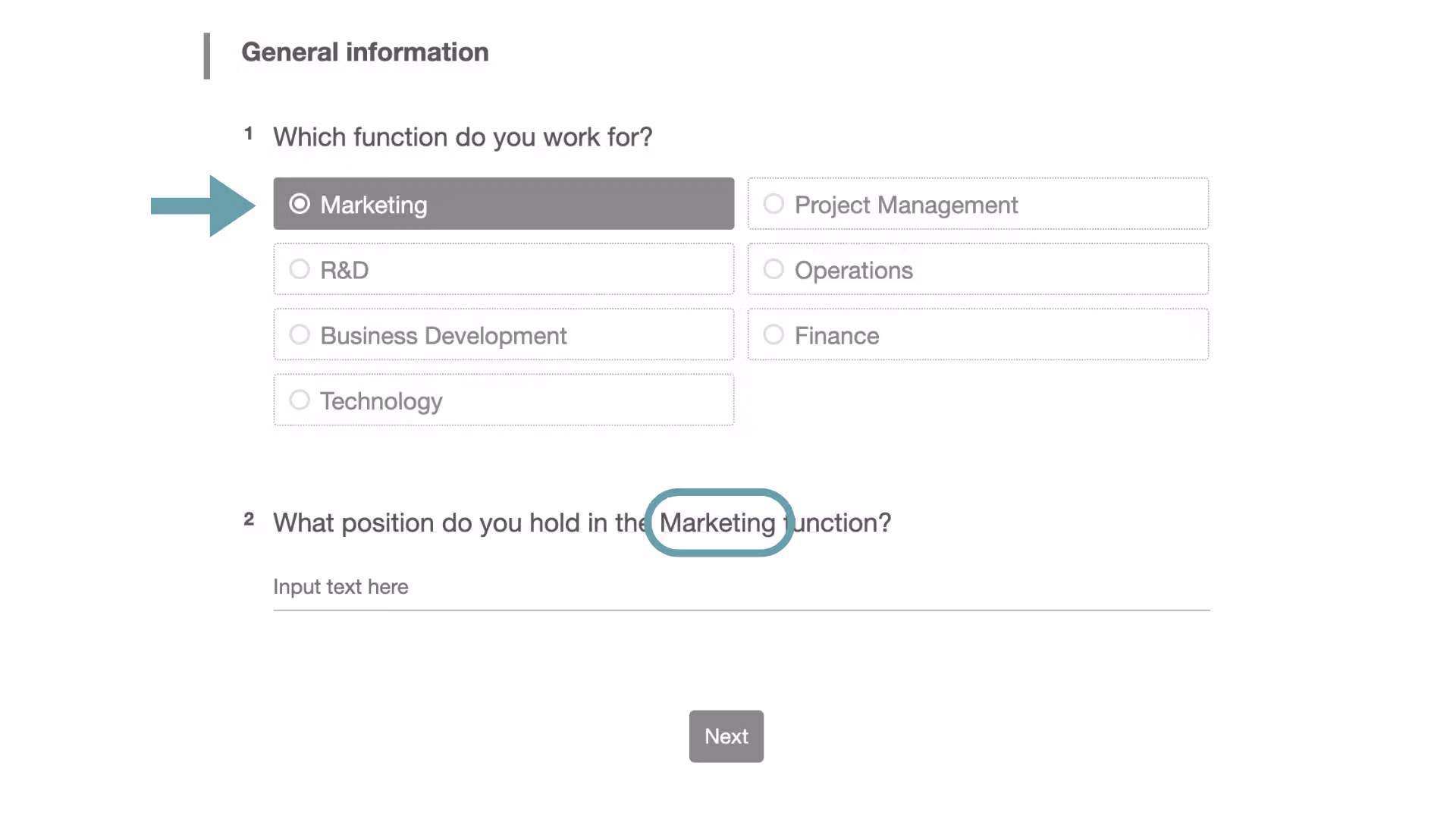 帶入答案示範:第一題選 Marketing,第二題題目自動帶入該部門名稱並圈起