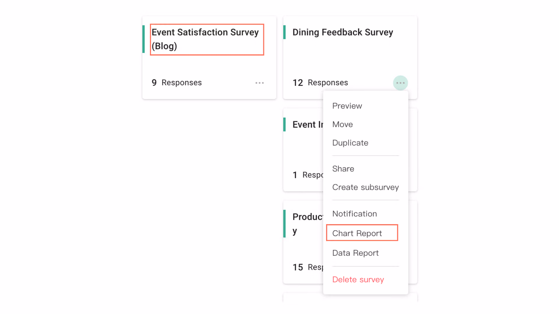 問卷列表中，Event Satisfaction Survey 標題與展開選單裡的 Chart Report 項目都以紅框標示