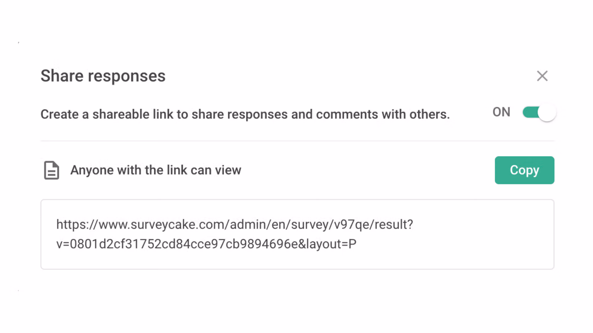 「Share responses」面板開關切換為 ON,下方是任何取得連結者皆可檢視的網址與複製按鈕
