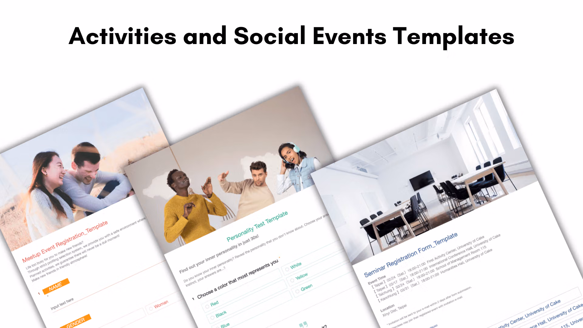 Activities and Social Events Templates 標題下三張斜放的範本,分別是聚會報名、性格測驗與說明會報名表