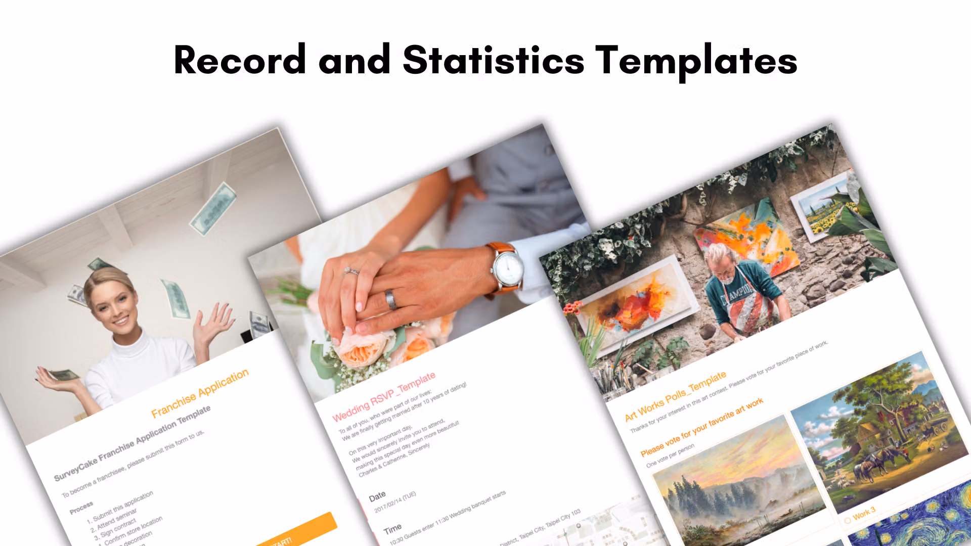Record and Statistics Templates 標題下三張斜放的範本,分別是加盟申請、婚禮 RSVP 與藝術作品投票