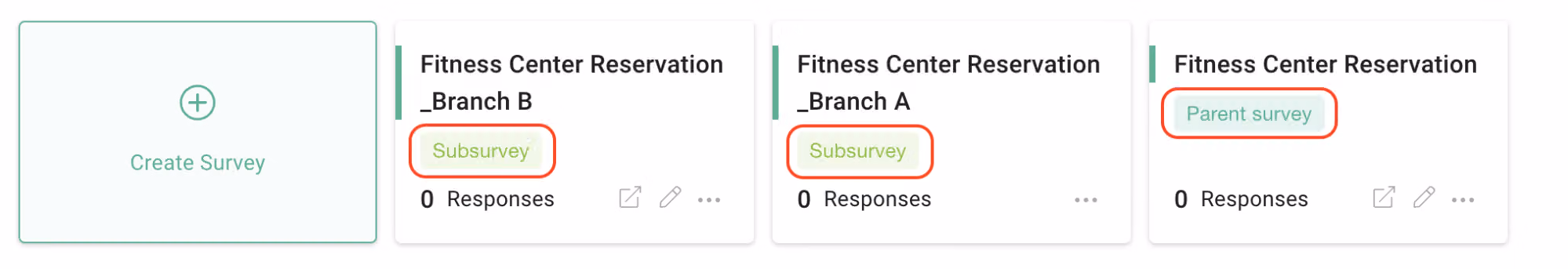 問卷列表卡片:Fitness Center Reservation 標為 Parent survey,兩張分店卡標 Subsurvey
