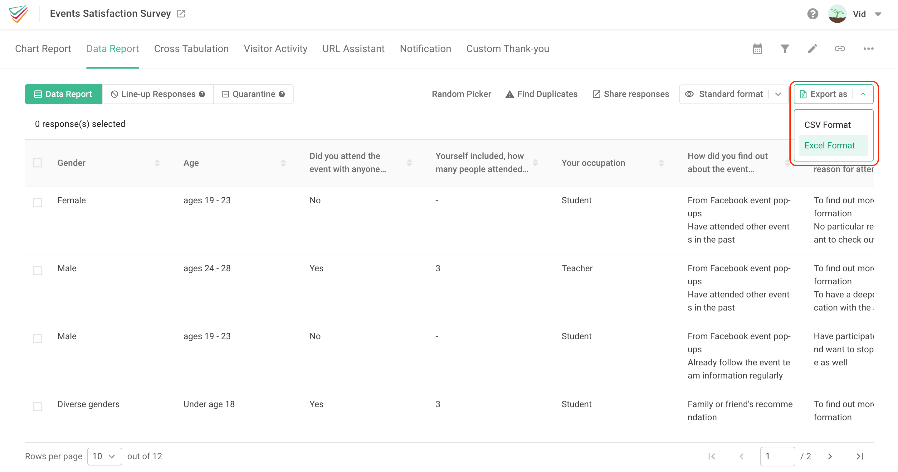 Data Report 分頁,右上 Export as 選單展開 CSV Format 與 Excel Format