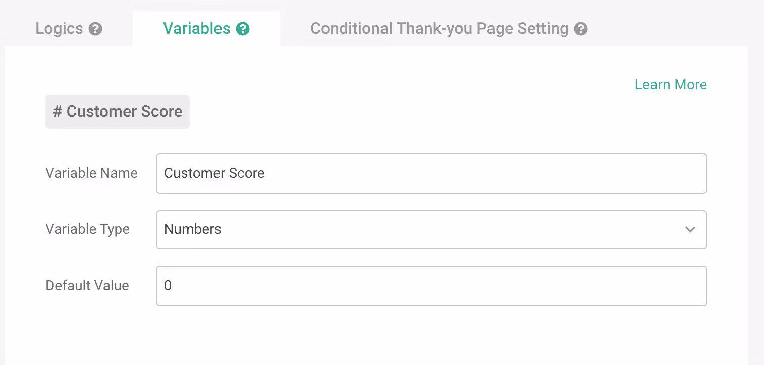 「Variables」分頁新增 Customer Score 變數,型態為數字、預設值填 0