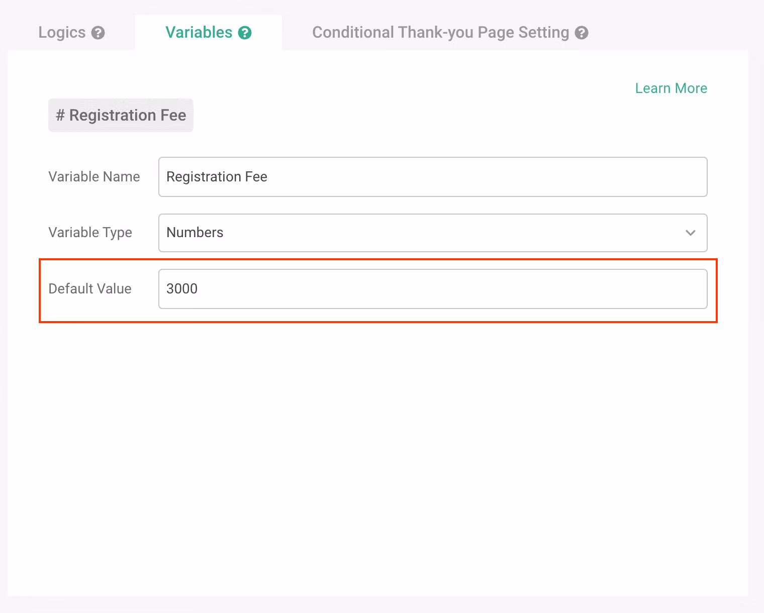 「Variables」分頁的 Registration Fee 變數,預設值 3000 被紅框圈起