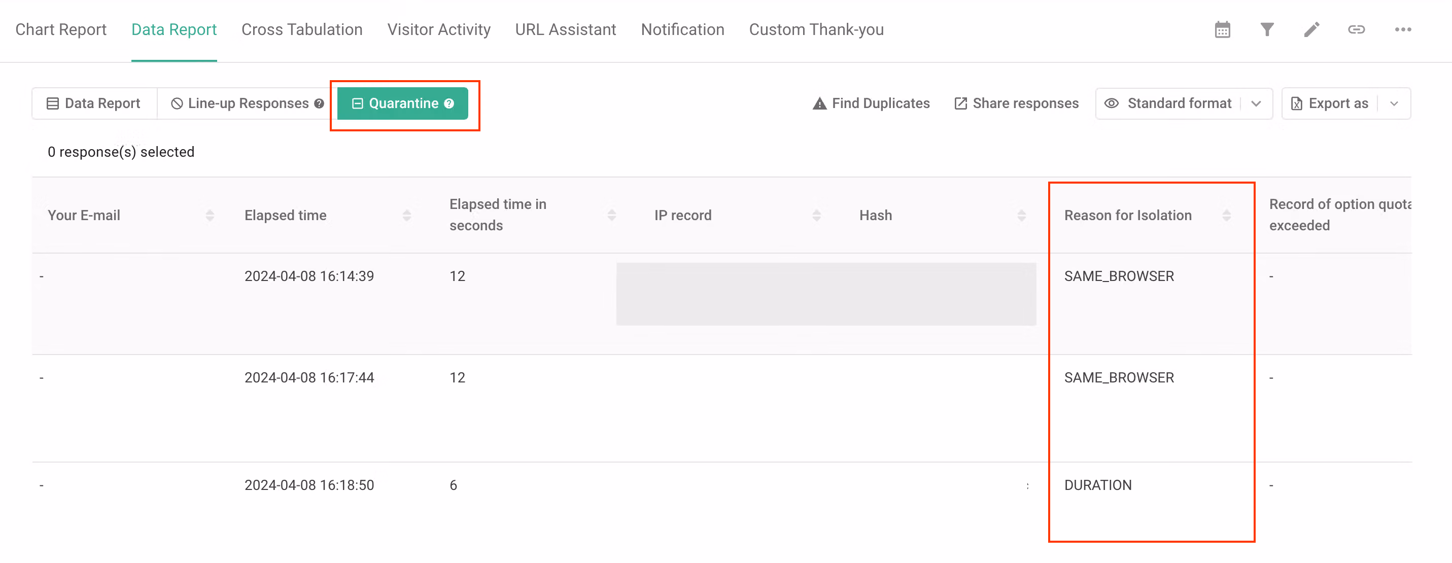 後台 Quarantine 隔離區列表,紅框標出隔離原因欄的 SAME_BROWSER 與 DURATION