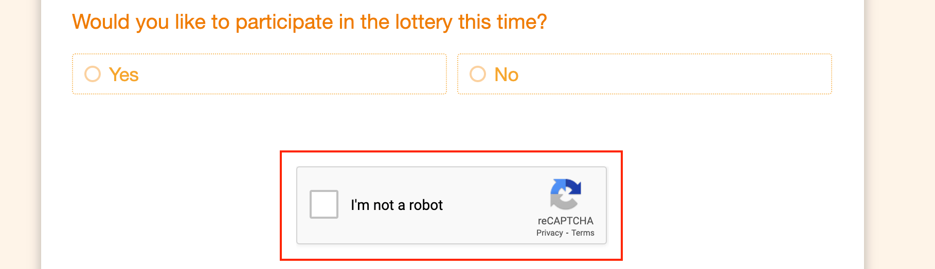 抽獎意願題下方紅框圈出 reCAPTCHA 的 I'm not a robot 勾選方塊