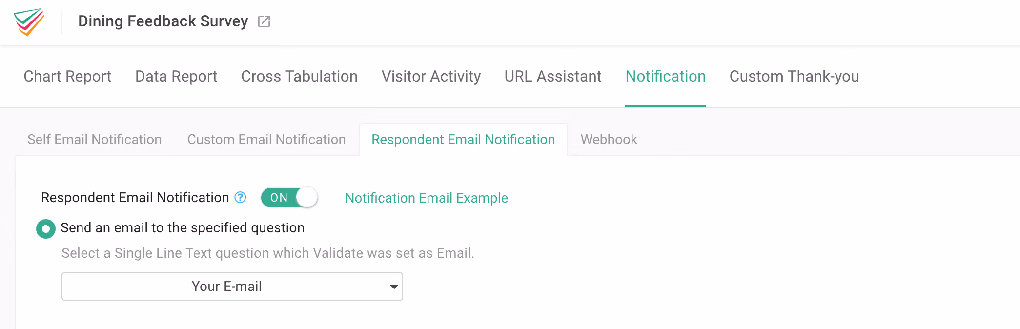 填答者 Email 通知開關為 ON,設定寄送至指定題目並選擇 Your E-mail 題