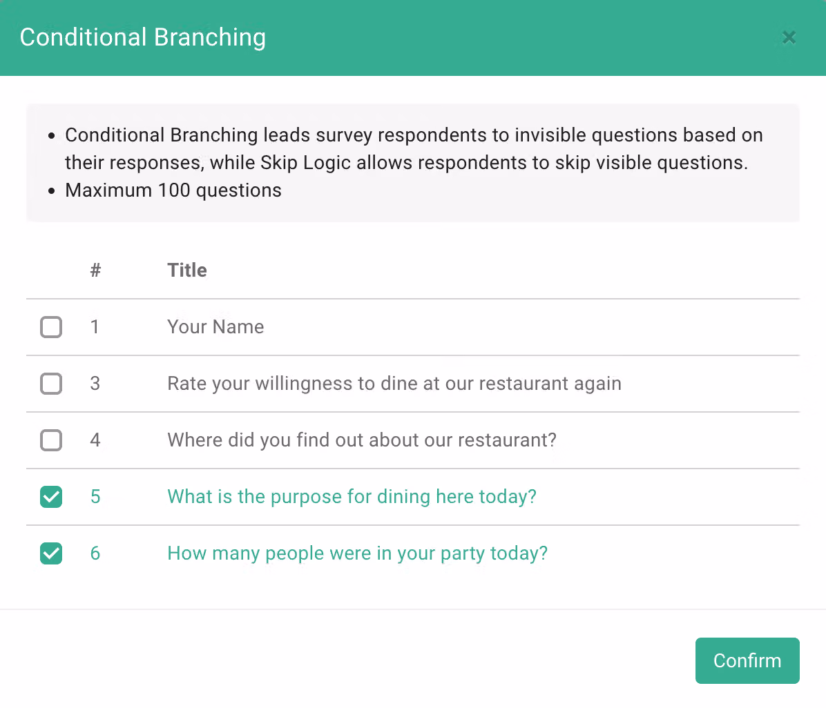Conditional Branching 視窗註明最多 100 題,清單中第 5、6 題已勾選,右下是 Confirm
