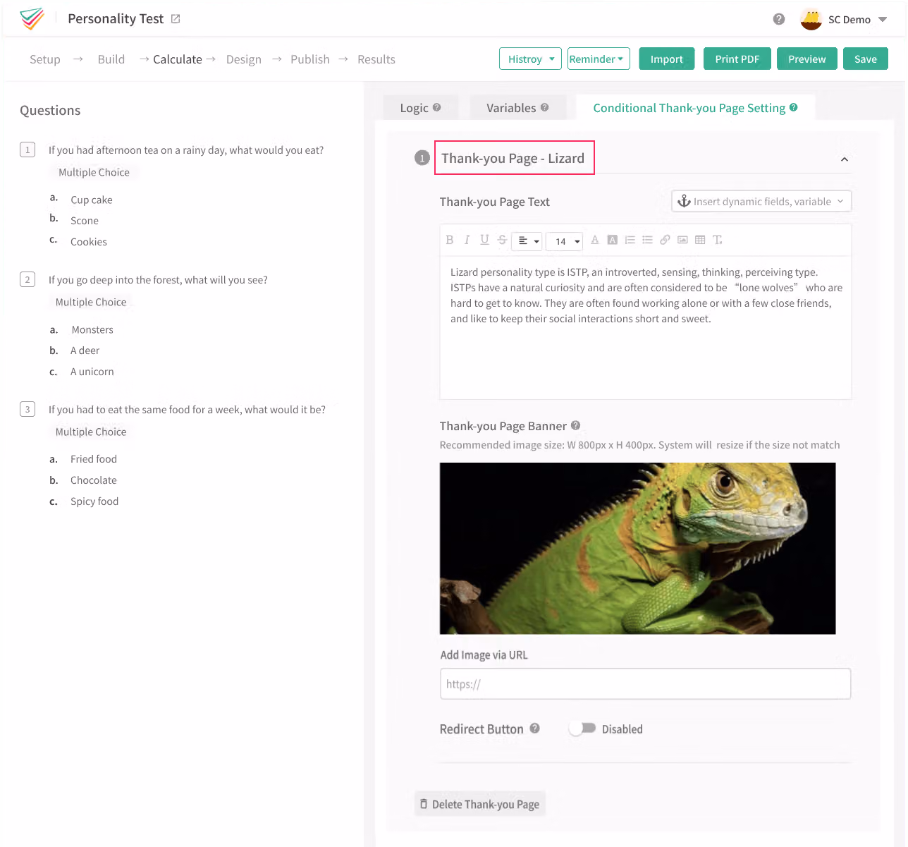 編輯 Thank-you Page - Lizard,輸入 ISTP 說明文字並上傳綠鬣蜥橫幅圖
