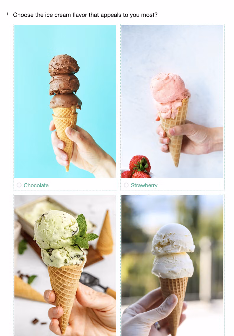 冰淇淋口味選擇題以四張照片當選項,標示 Chocolate、Strawberry 等口味
