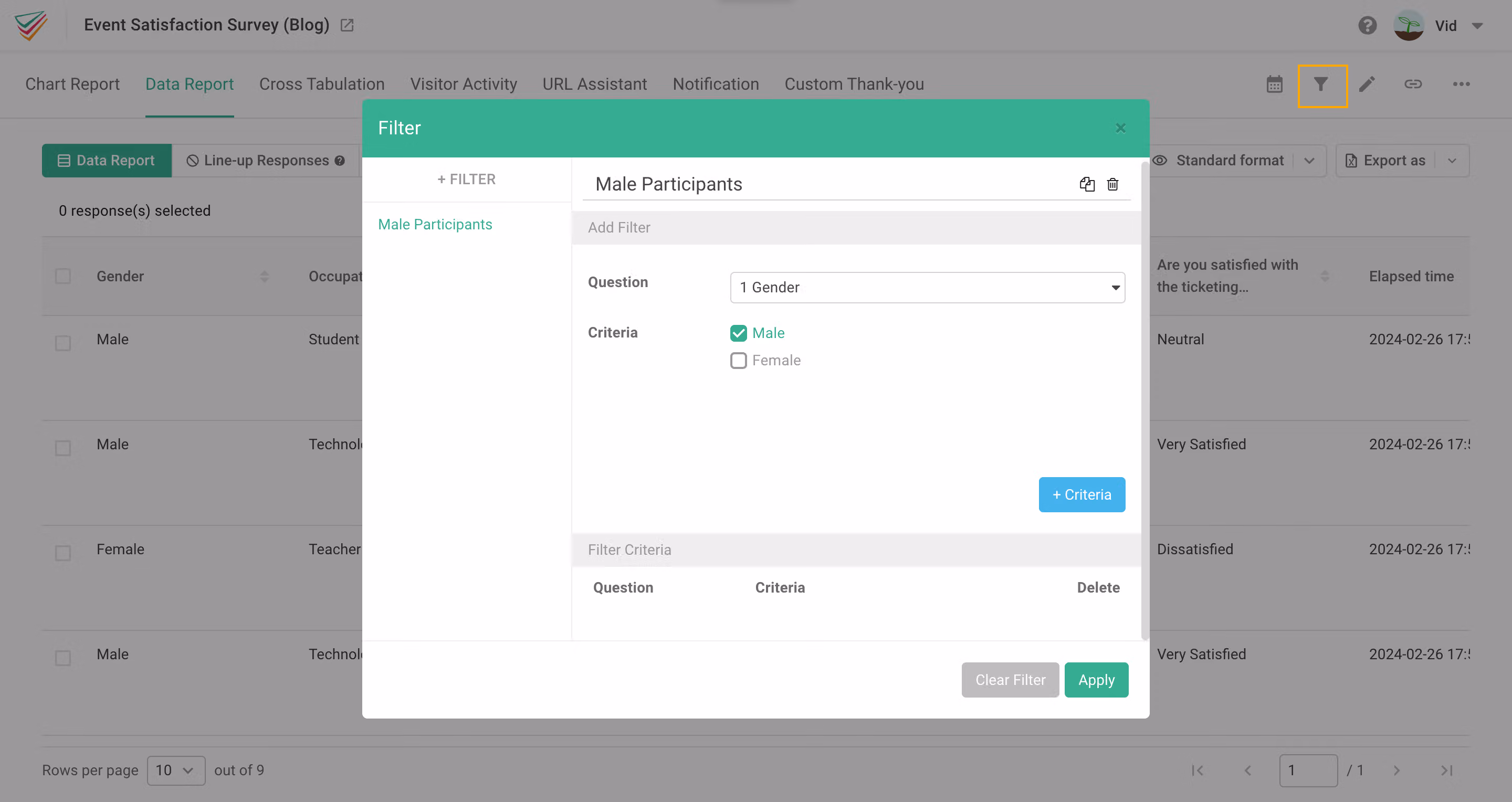 Filter dialog in Data Report set to male participants, using the gender question as the criteria