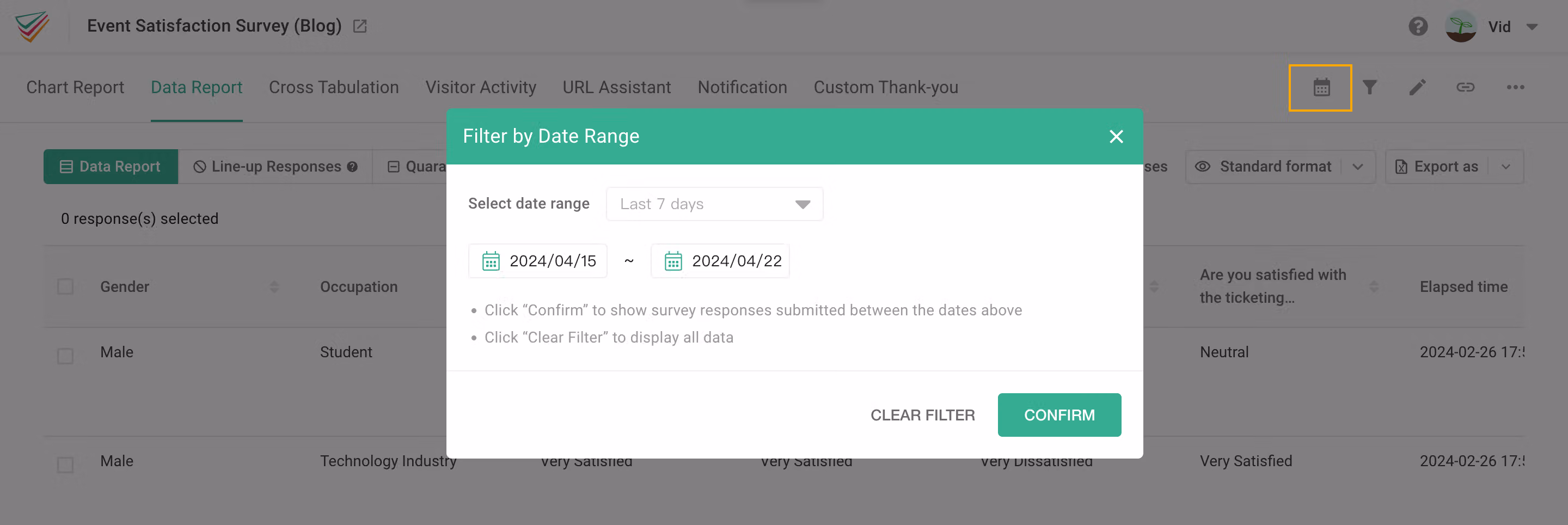 Date Filter control with a start and end date chosen to narrow responses to one period