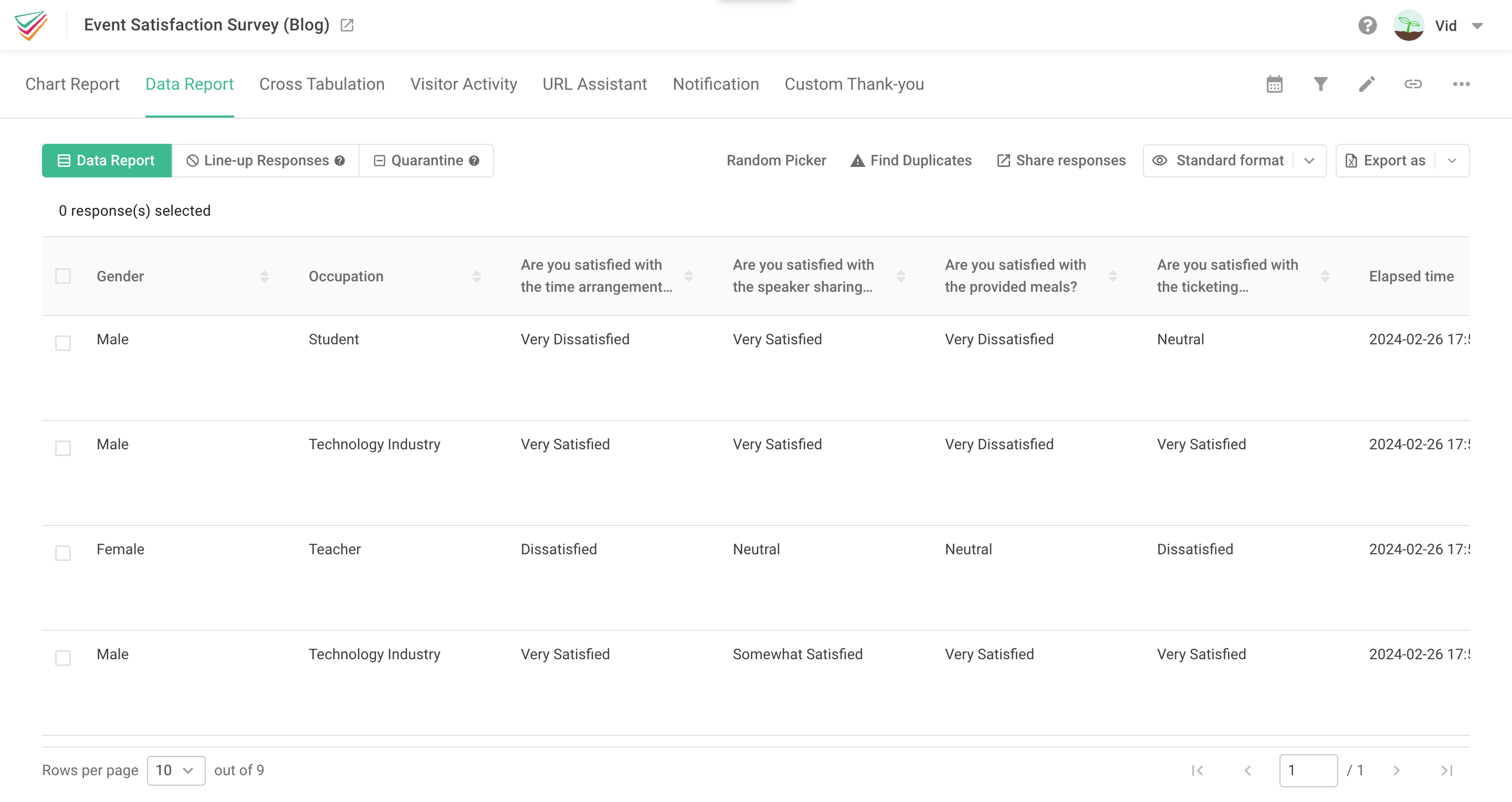 Data Report page listing the details of every individual response row by row