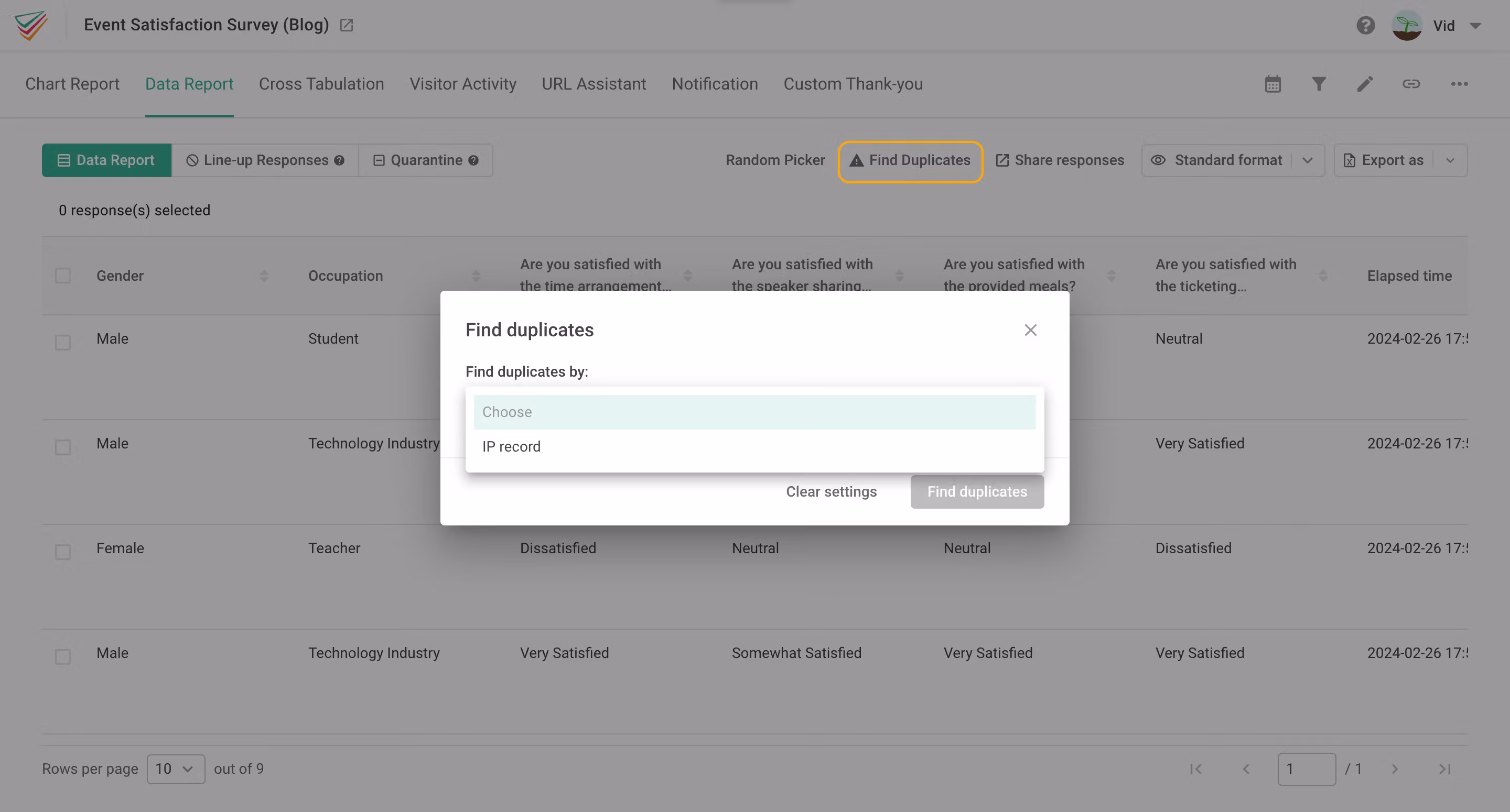 Find duplicates dialog with a dropdown for choosing the field to compare, such as IP record