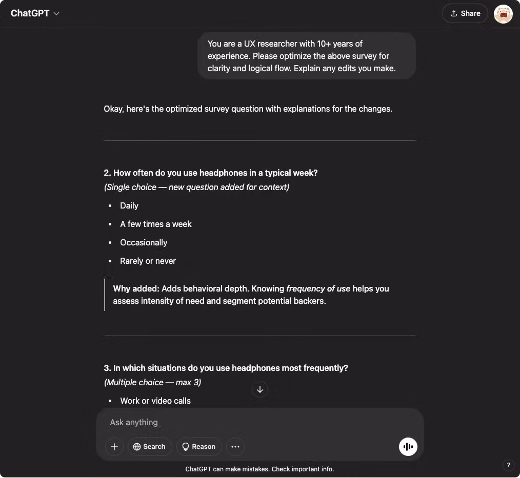 ChatGPT 以資深 UX 研究員身分優化問卷,新增使用頻率題並說明加題原因