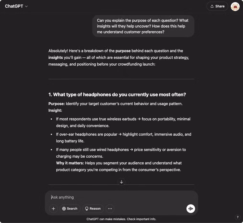 ChatGPT 逐題說明出題目的與可獲得的洞察,以耳機使用類型題為例