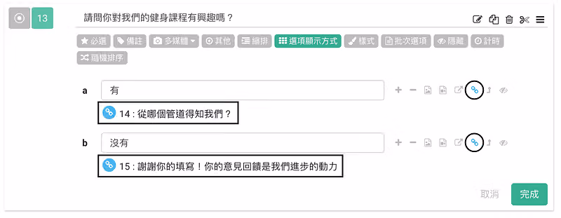 選項「有」接至第 14 題從哪個管道得知我們,選項「沒有」接至第 15 題感謝語