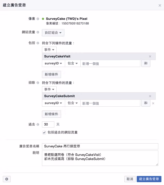 Facebook 建立廣告受眾視窗，設定鎖定點過問卷但未完成填答的人