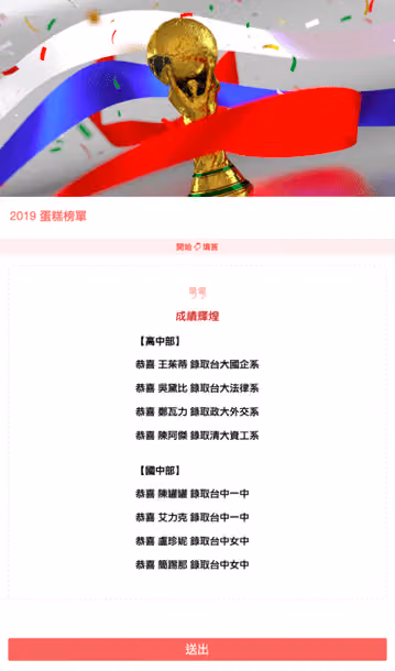 2019 蛋糕榜單線上表單,獎盃圖下列出高中部與國中部錄取名單,沒有任何題目