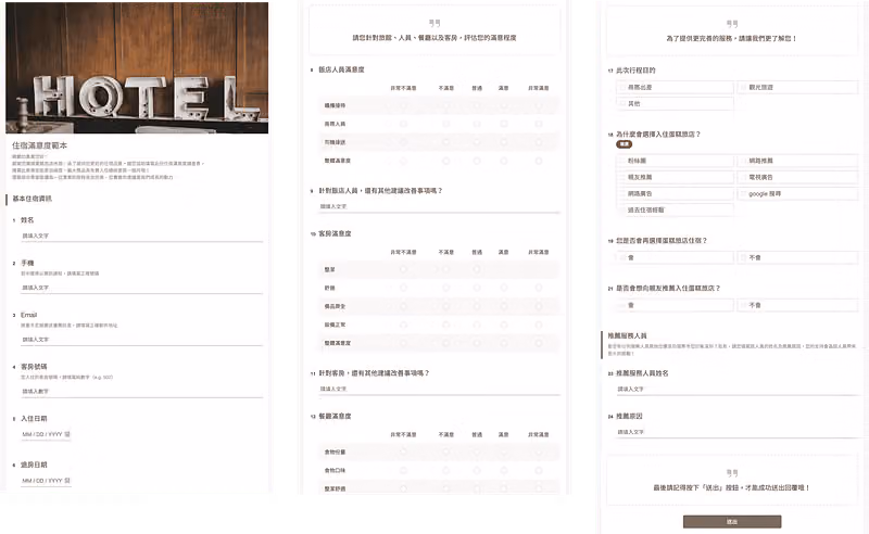 住宿滿意度範本三段預覽：HOTEL 字樣封面、基本住宿資訊欄位、服務與客房滿意度矩陣題