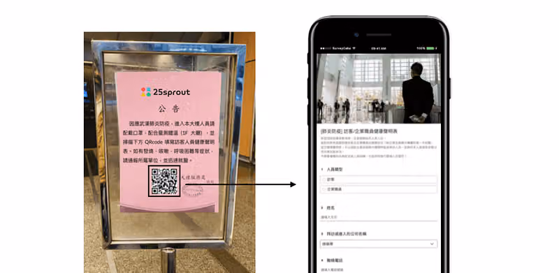 大樓入口立牌上的粉紅色 25sprout 公告與 QR code,箭頭指向手機顯示的健康聲明表單