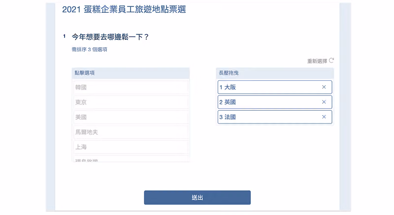 員工旅遊票選的排序題要求排 3 個選項,右欄已依序拖入大阪、英國與法國