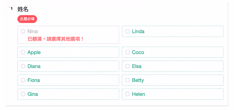 點餐問卷姓名題中 Nina 顯示已額滿請選擇其他選項,其餘同仁名字仍可勾選