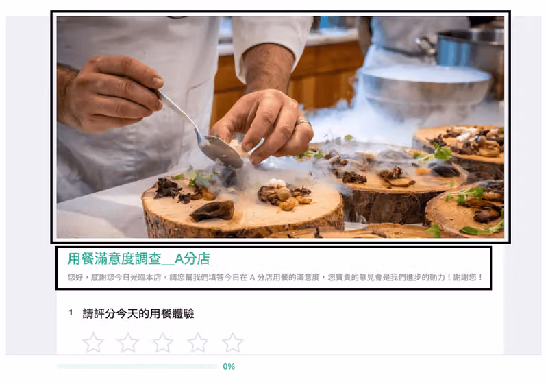 A 分店子問卷換上主廚擺盤照與自己的名稱和歡迎文字,首題仍是同一道五星評分