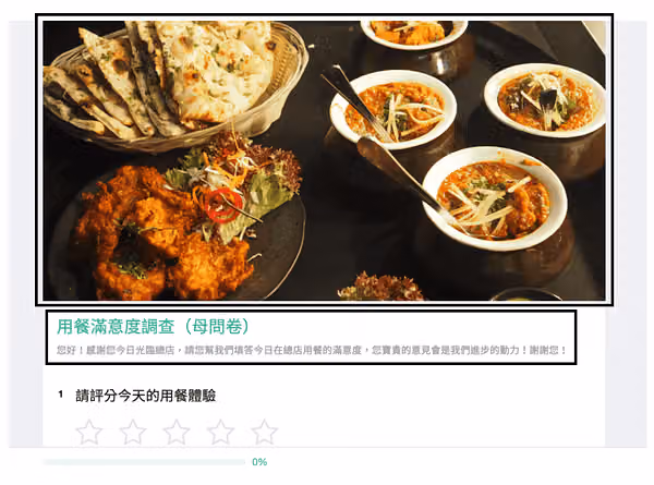 母問卷預覽,黑框標出印度料理 banner 與問卷名稱、歡迎文字,首題是五星評分