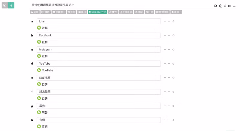 題目編輯畫面,Line、Facebook、KOL 推薦等選項下方分別掛上社群、口碑等標籤