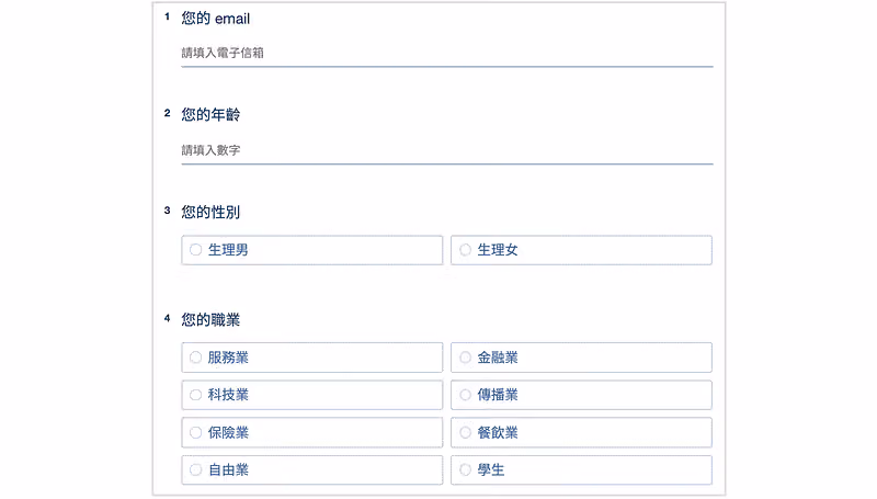 問卷中的基本資料題組，蒐集 email、年齡、職業等受眾資訊