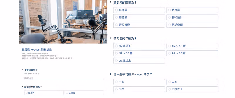 「聽蛋糕 Podcast 問卷調查」問卷,含稱呼、性別、職業、年齡與一週平均收聽次數等題目