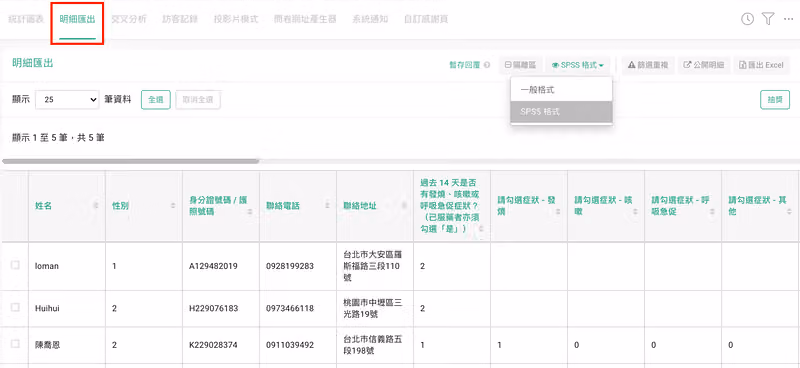 明細匯出頁面展開匯出格式選單,可選一般格式或 SPSS 格式,下方為回覆表格